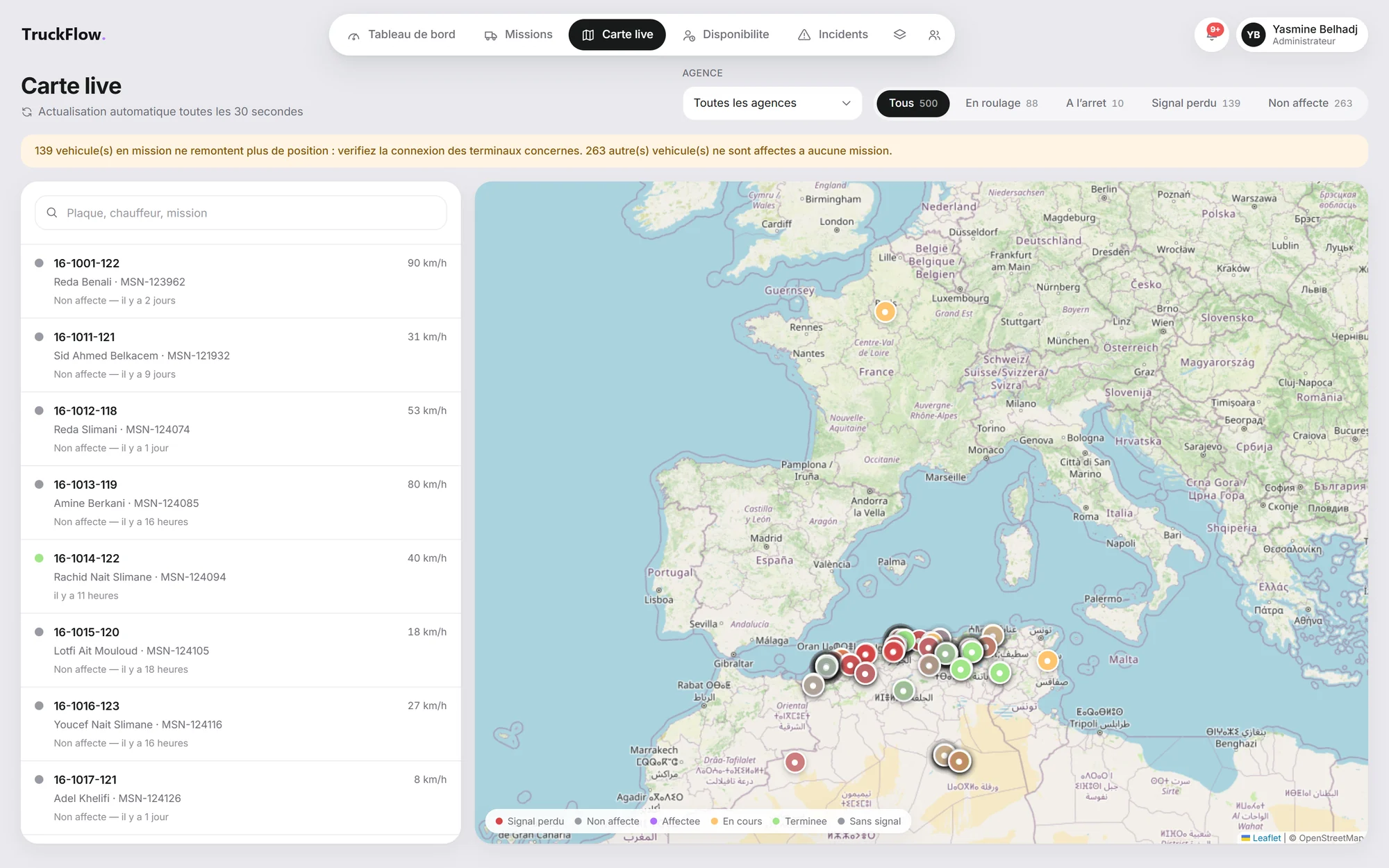 Carte live TruckFlow : positions des véhicules, filtres en roulage, à l'arrêt, signal perdu, non affecté