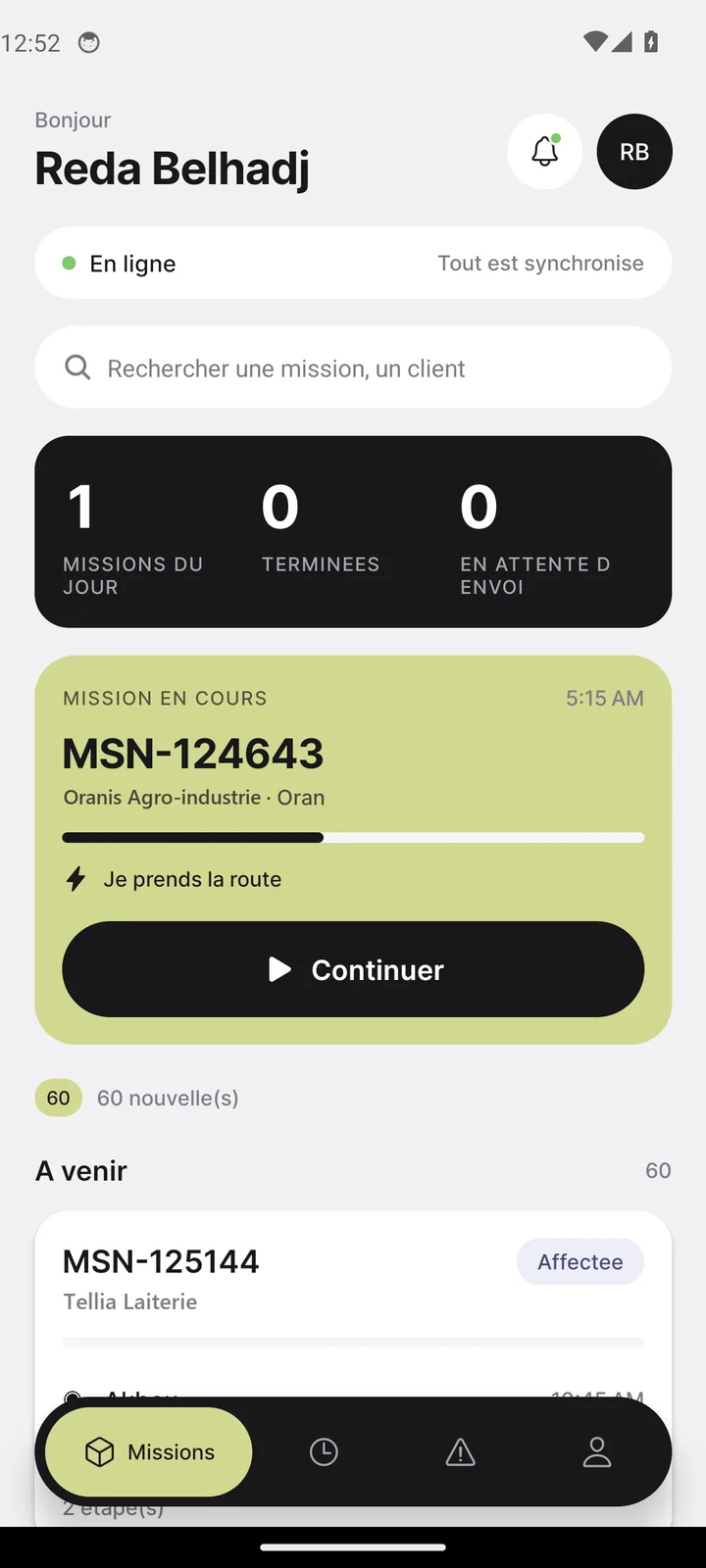 Écran de l'application chauffeur